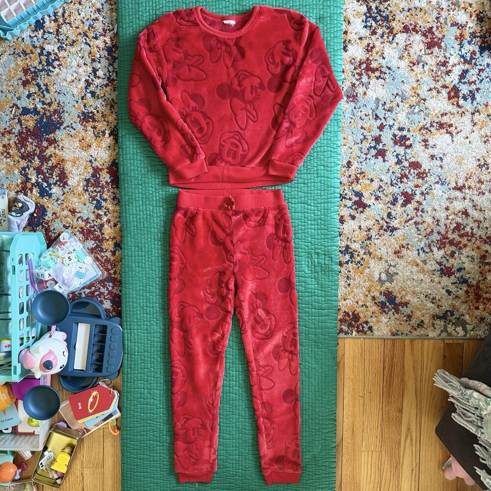 Baby Disney Minnie Mouse Allover Print Girls Red Velour 2 Piece Size 6, S EUC